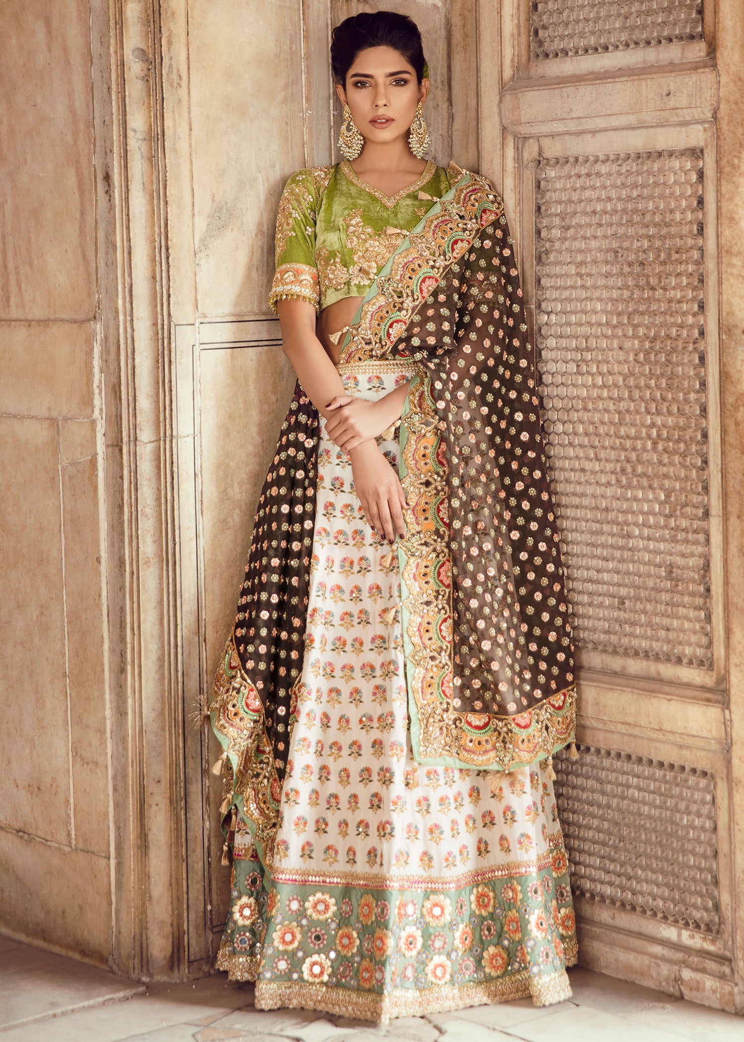 Pakistani Mustard and Olive Green Embroidered Velvet Bridal Lehenga (3-Piece) - Image 1