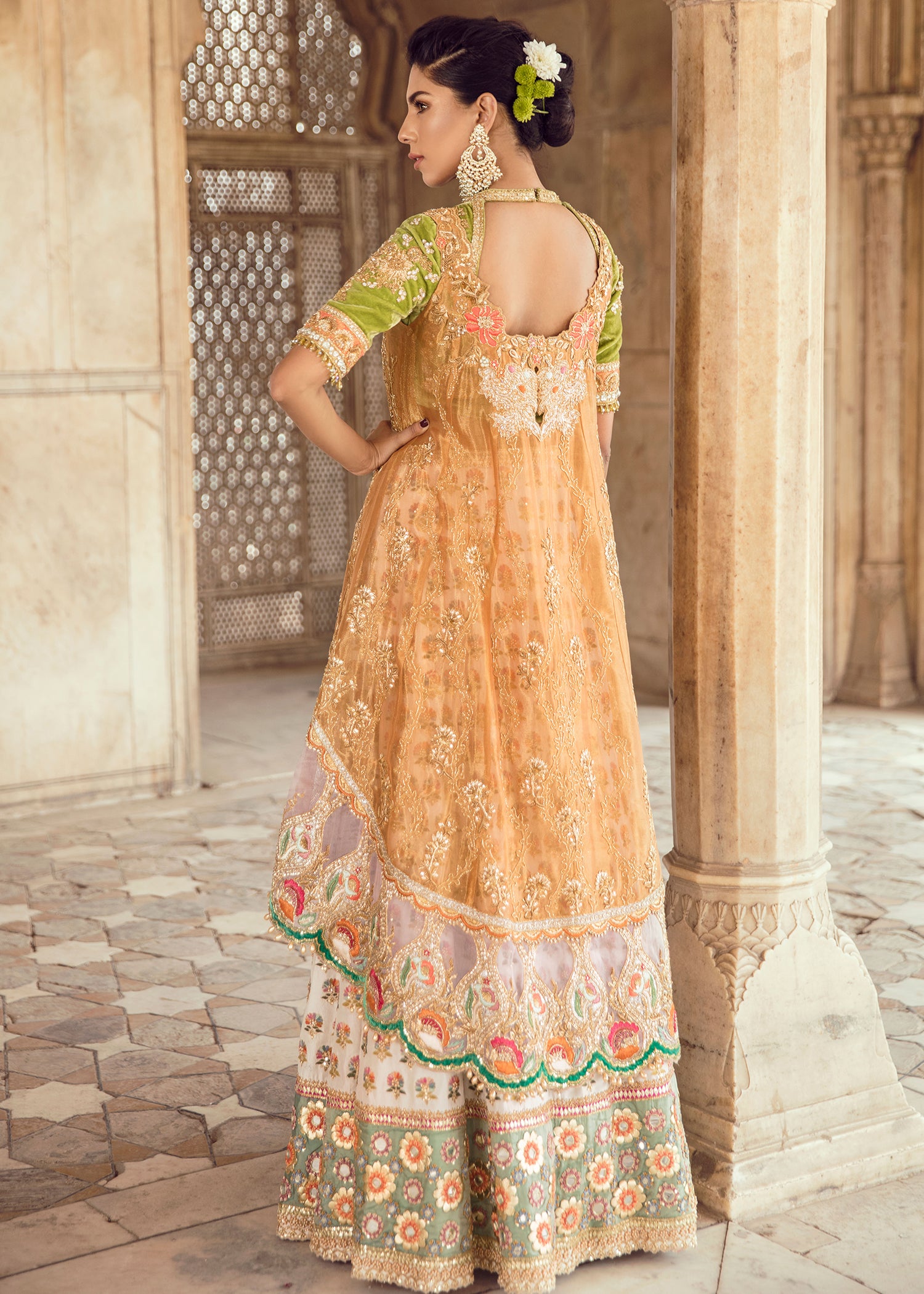 Pakistani Mustard and Olive Green Embroidered Velvet Bridal Lehenga (3-Piece) - Image 3