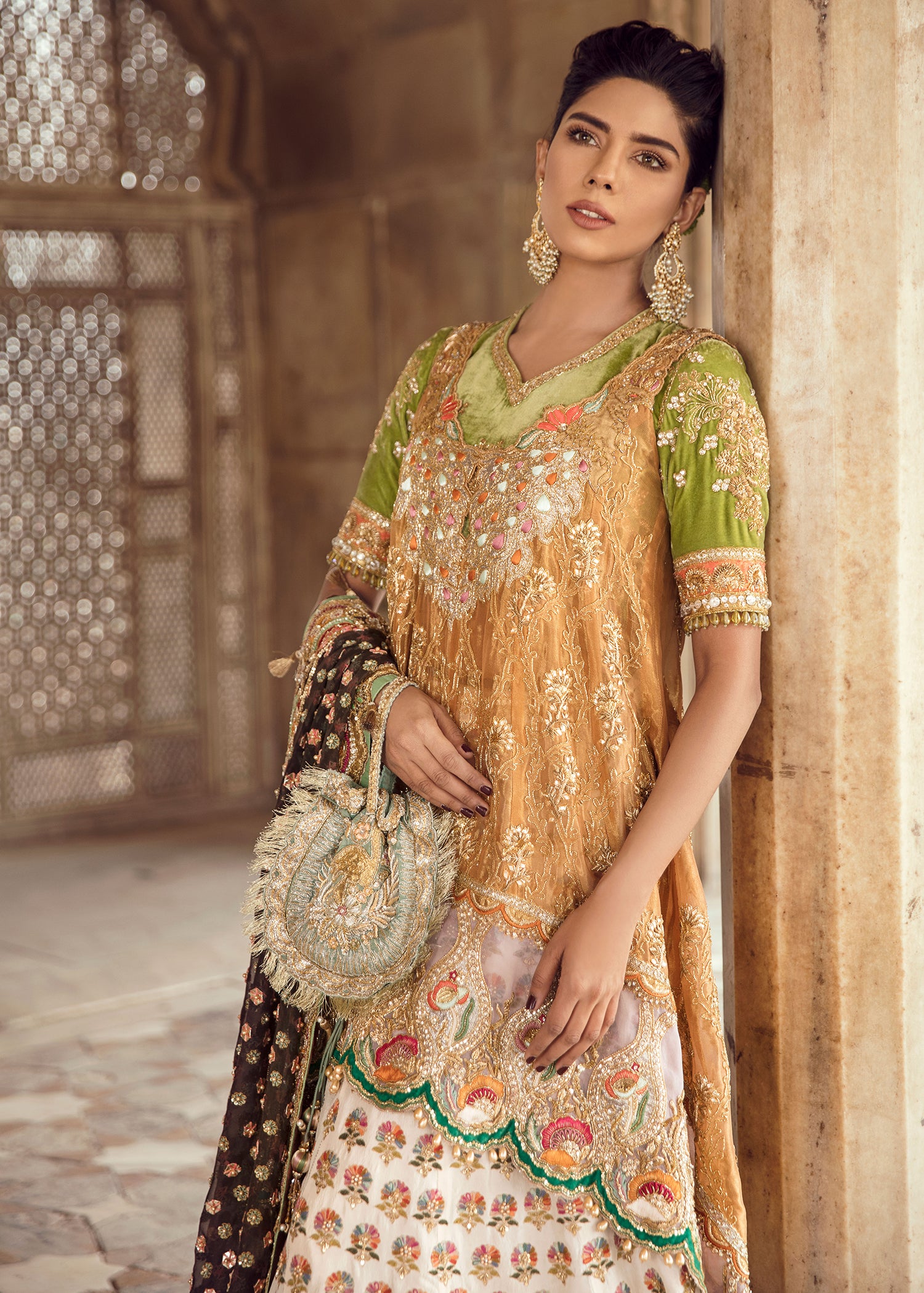 Mustard Olive Embroidered Velvet Organza Bridal Lehenga (3-Piece) - Image 4