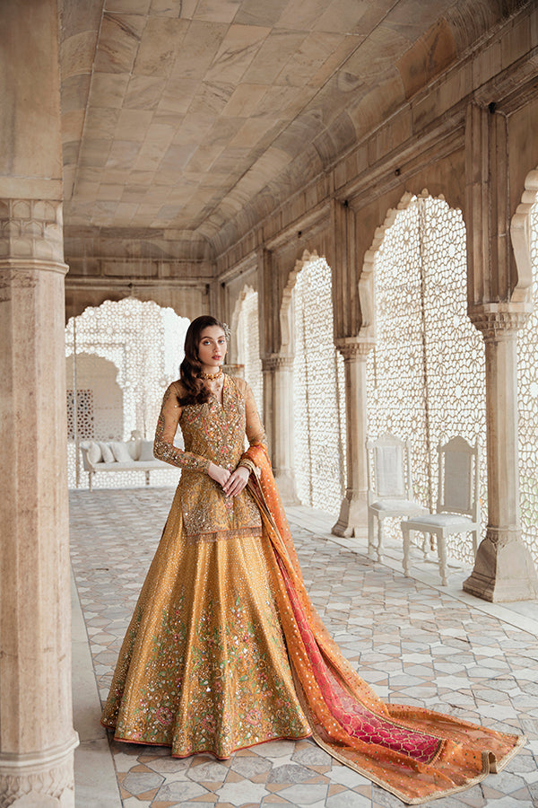 Pakistani Mustard Zari Net & Tissue Bridal Lehenga (3-Piece) - Image 1