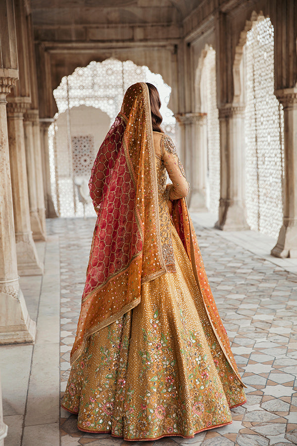 Pakistani Mustard Zari Net & Tissue Bridal Lehenga (3-Piece) - Image 5