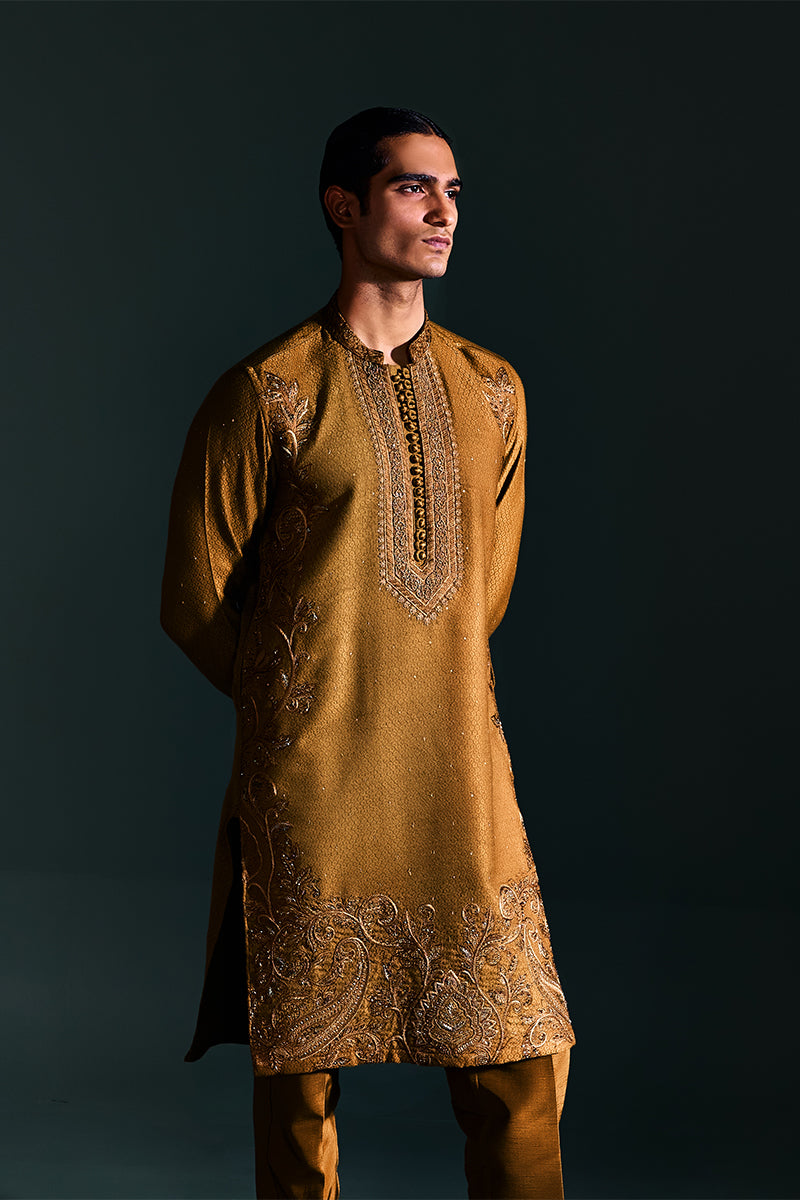 Mustard Paisley Embroidered Handloom Kurta Pajama (2-Piece) - Image 1