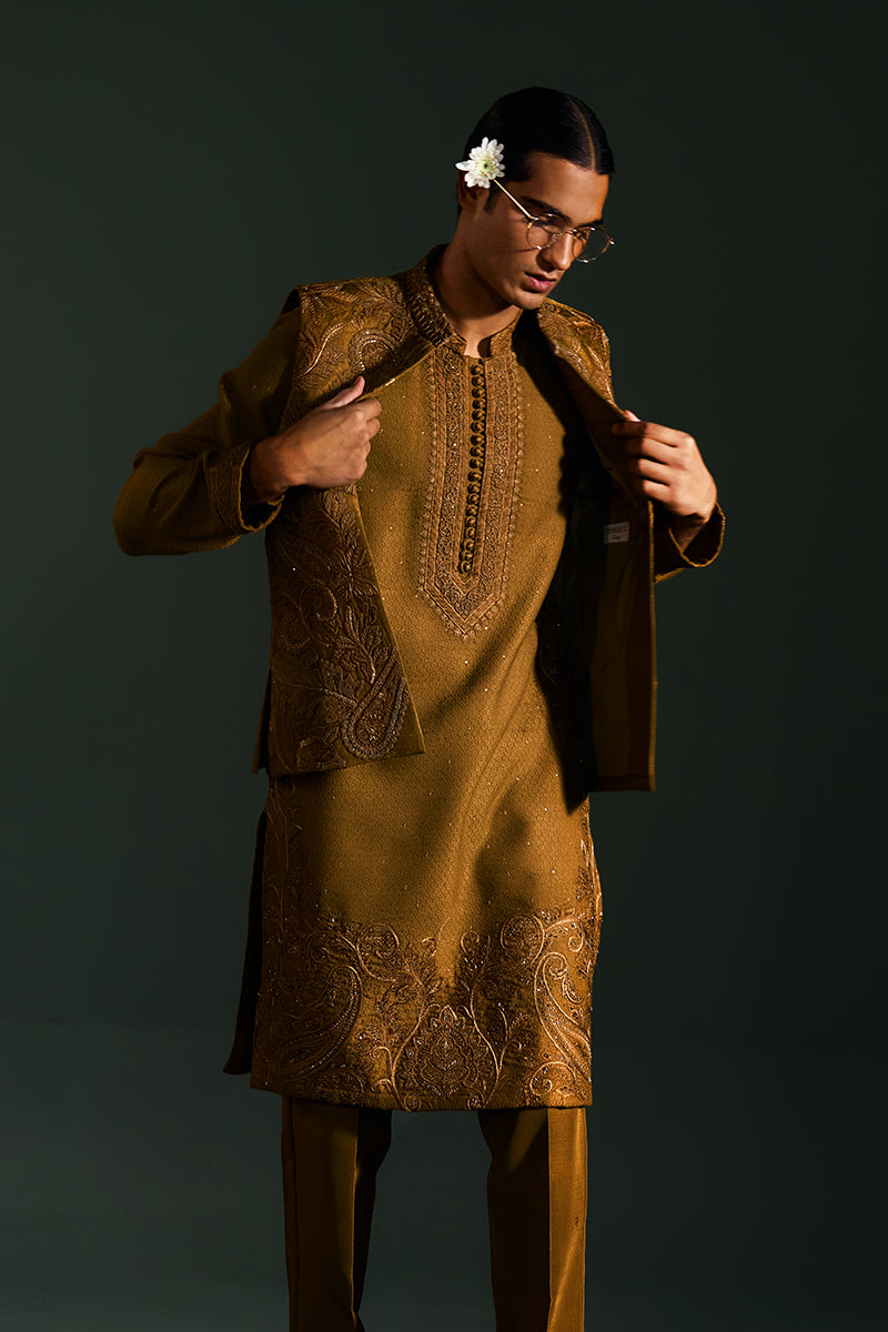 Mustard Paisley Embroidered Handloom Kurta Pajama (2-Piece) - Image 2