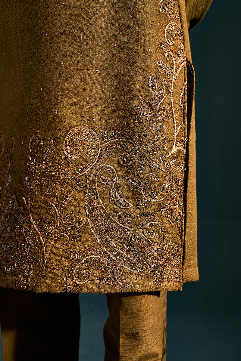 Mustard Paisley Embroidered Handloom Kurta Pajama (2-Piece) - Image 3