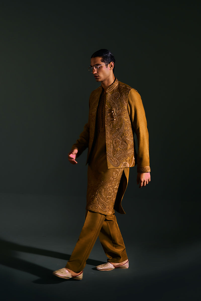 Mustard Paisley Embroidered Handloom Kurta Pajama (2-Piece) - Image 4