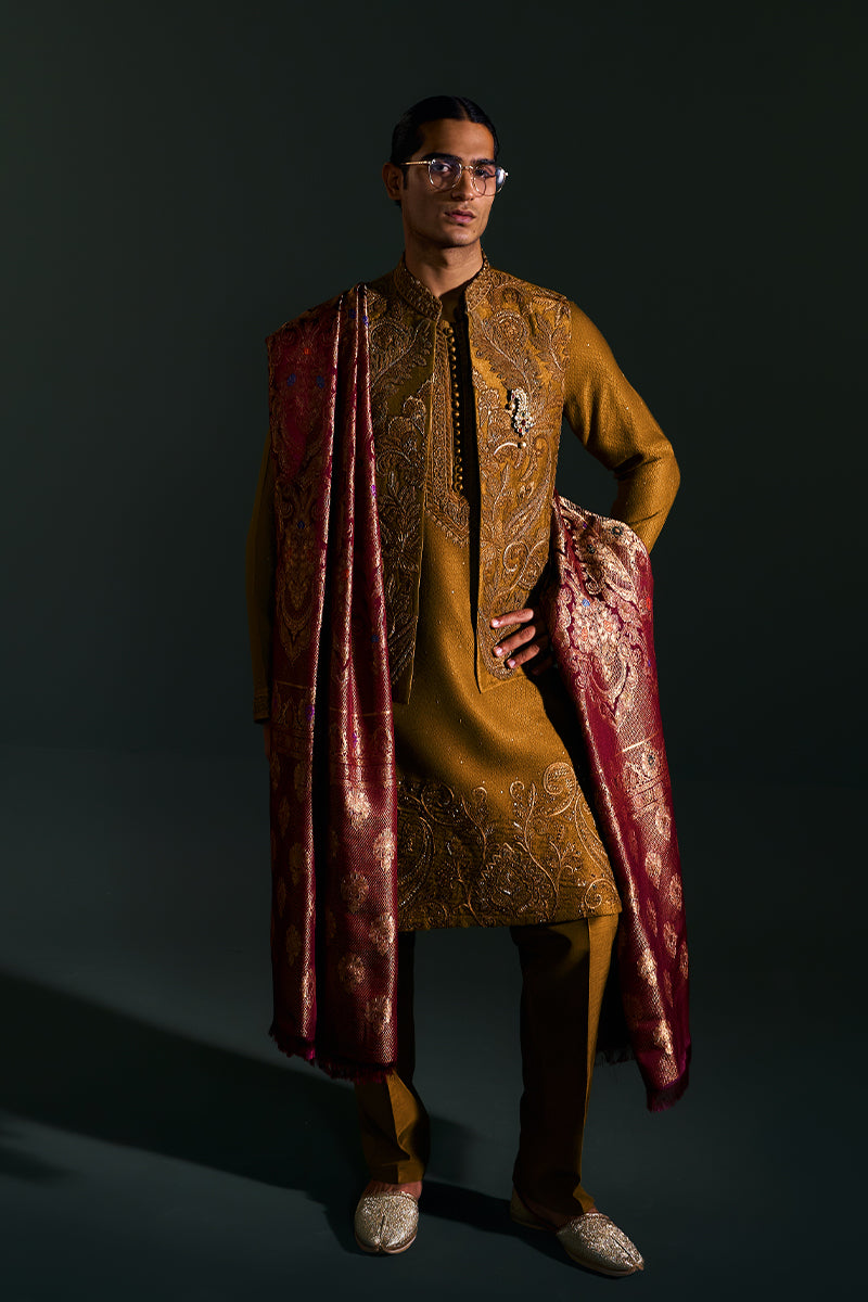 Mustard Paisley Embroidered Handloom Kurta Pajama (2-Piece) - Image 5