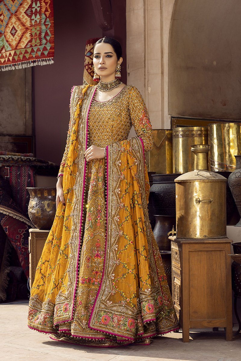 Pakistani Mustard Zardozi Embellished Net Pishwas (3-Piece) - Image 1