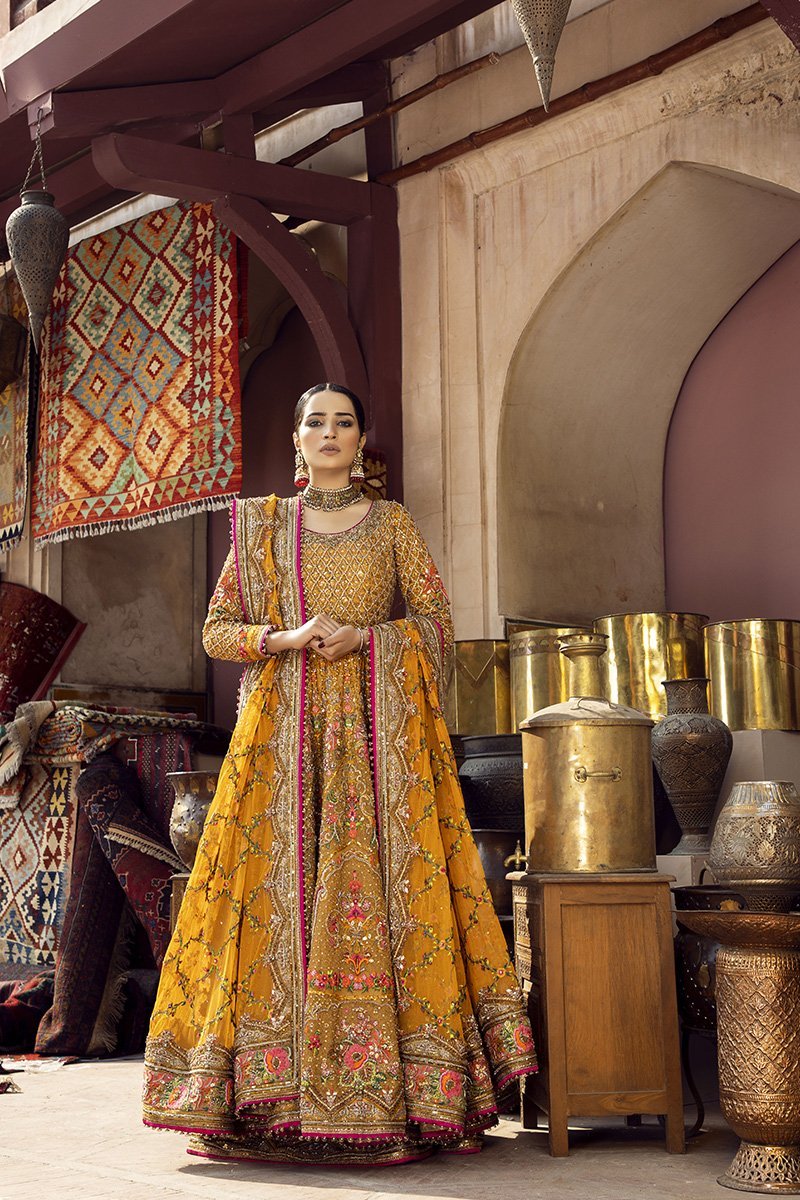 Pakistani Mustard Zardozi Embellished Net Pishwas (3-Piece) - Image 4