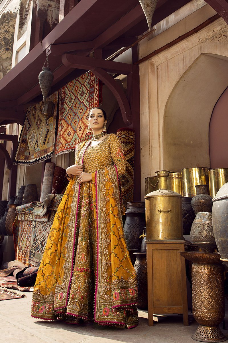 Pakistani Mustard Zardozi Embellished Net Pishwas (3-Piece) - Image 5