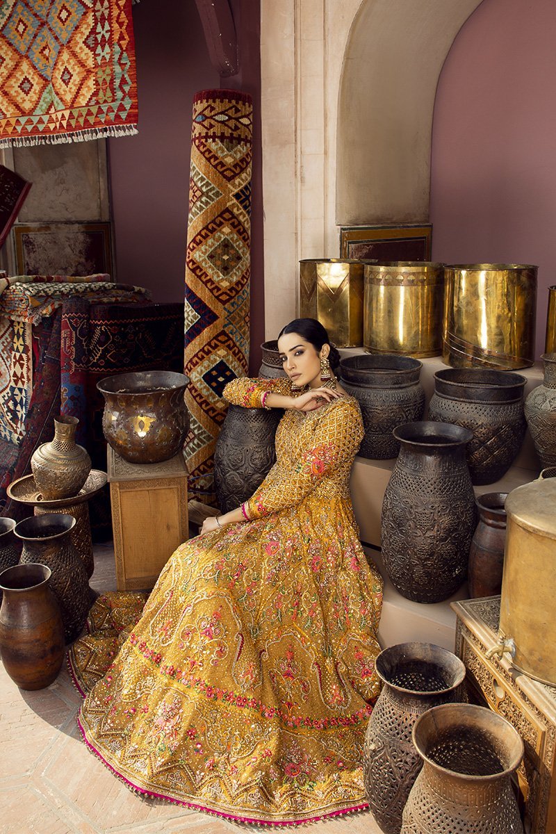 Pakistani Mustard Zardozi Embellished Net Pishwas (3-Piece) - Image 6