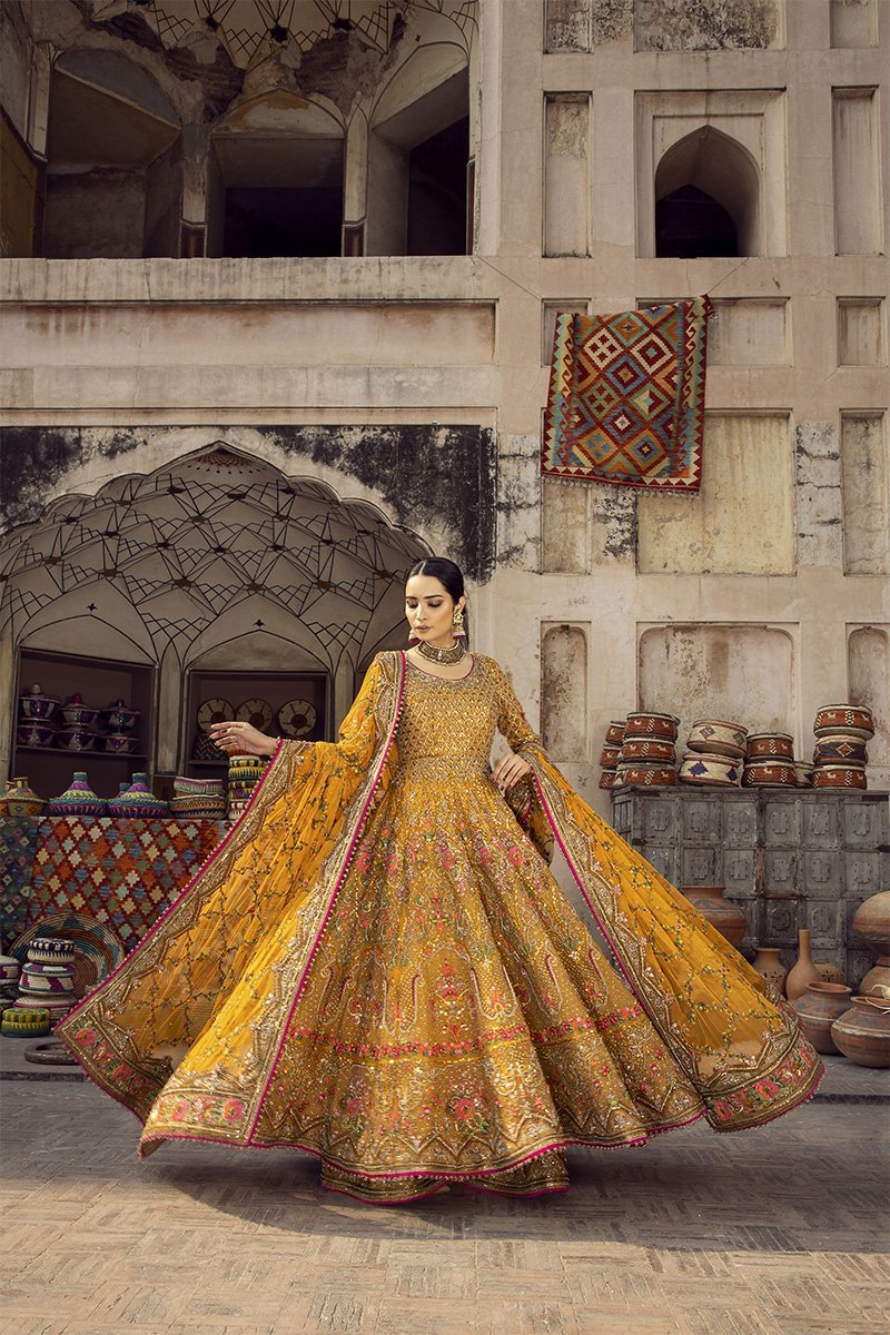 Pakistani Mustard Zardozi Embellished Net Pishwas (3-Piece) - Image 9