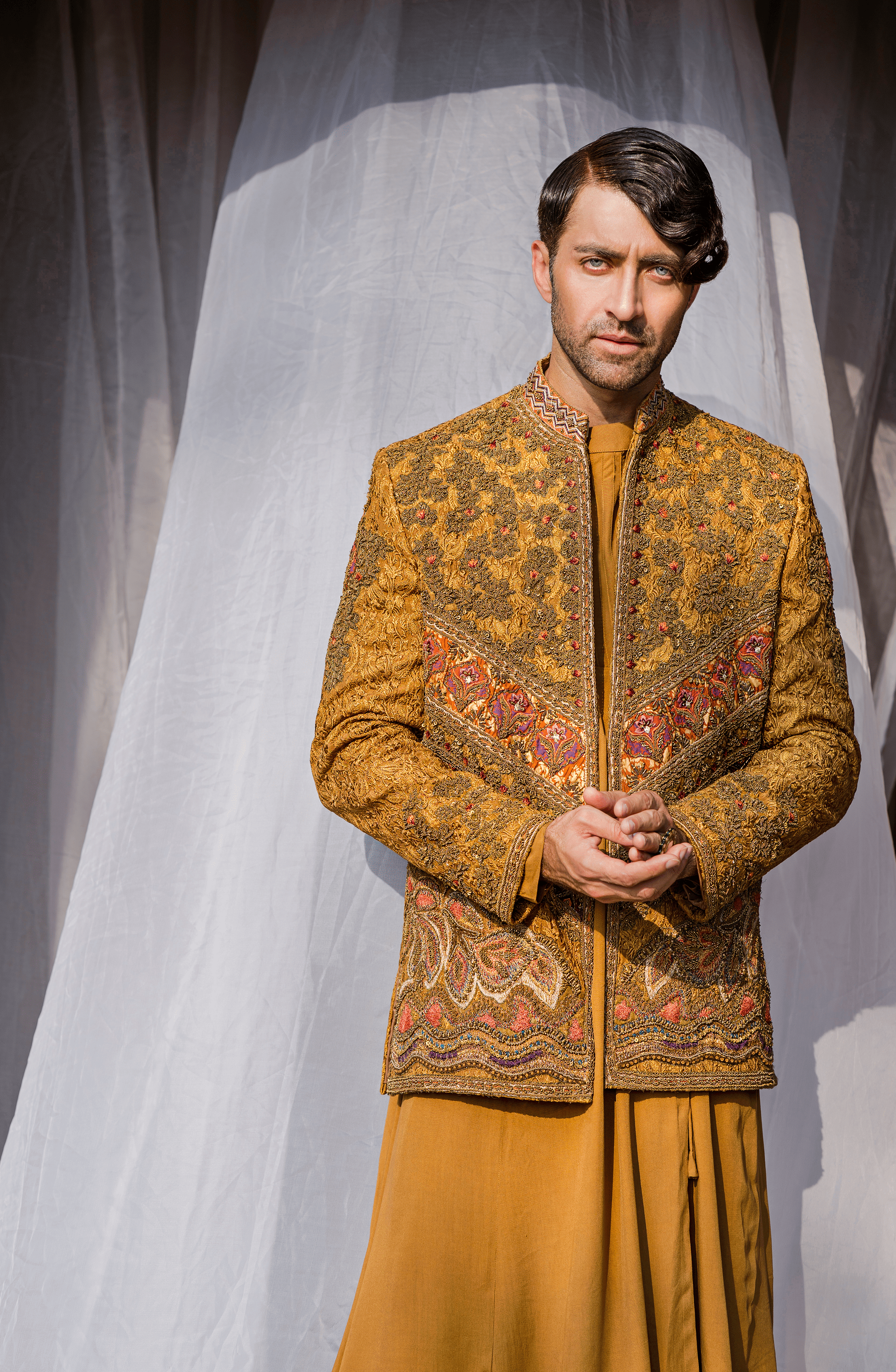 Mustard Hand-Embroidered Raw Silk Prince Coat (3-Piece) - Image 2