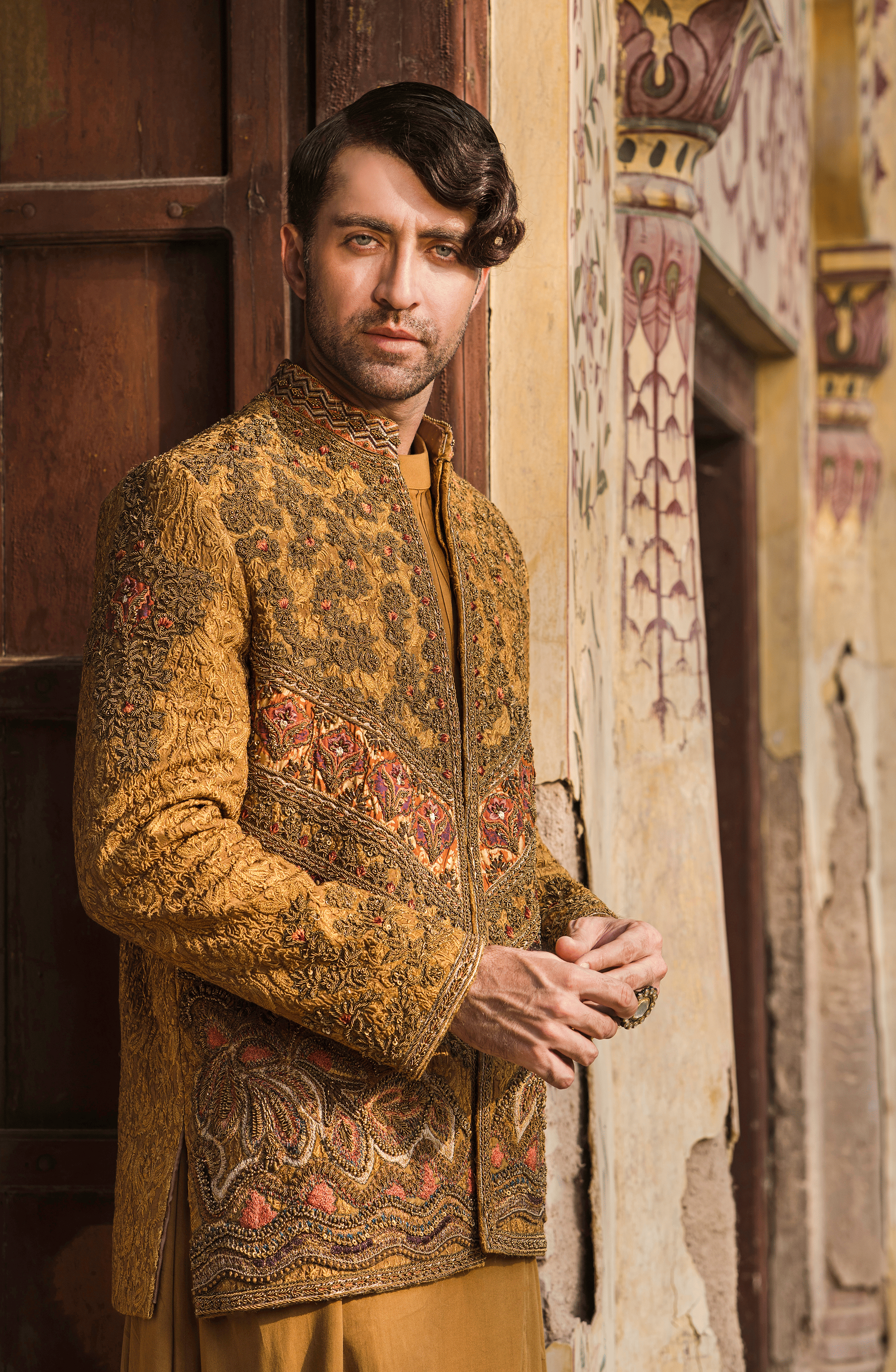 Mustard Hand-Embroidered Raw Silk Prince Coat (3-Piece) - Image 3