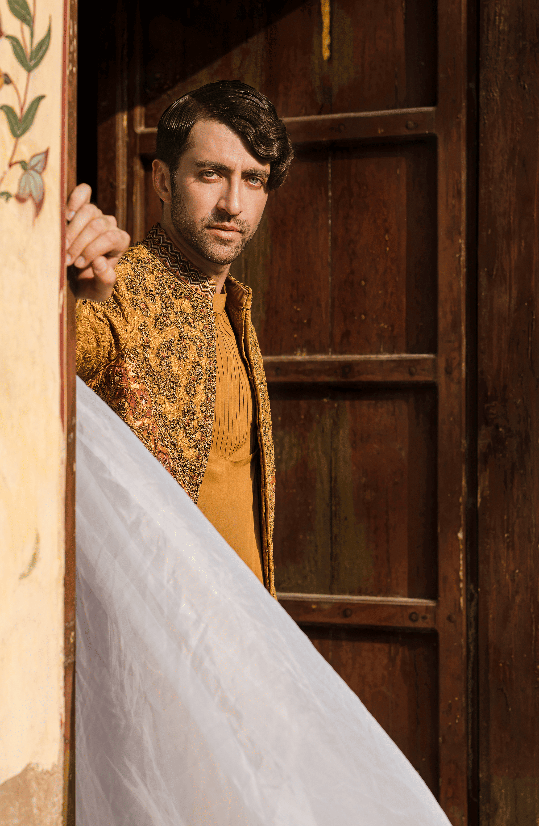 Mustard Hand-Embroidered Raw Silk Prince Coat (3-Piece) - Image 4