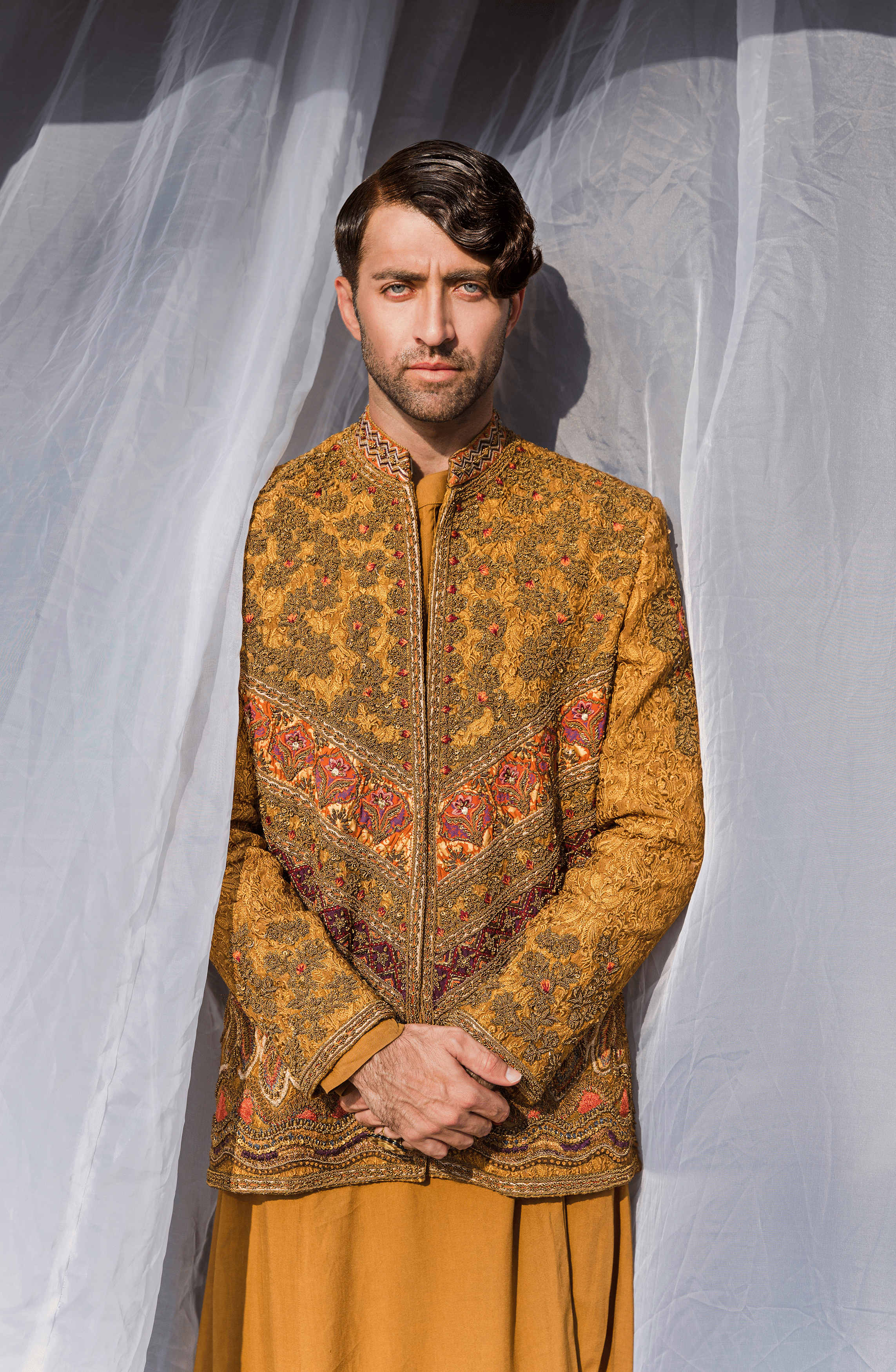 Mustard Hand-Embroidered Raw Silk Prince Coat (3-Piece) - Image 6