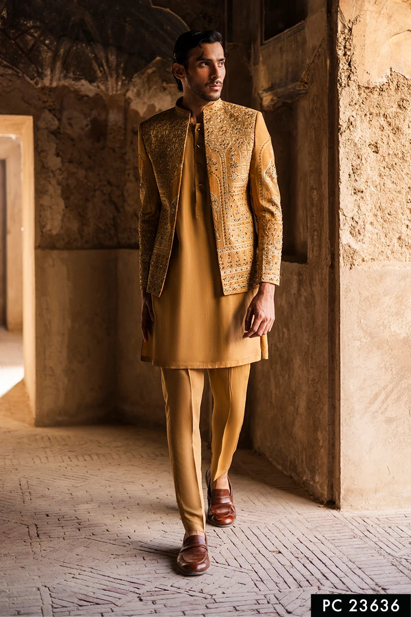 Mustard Embellished Serona Prince Coat (3-Piece) - Image 1