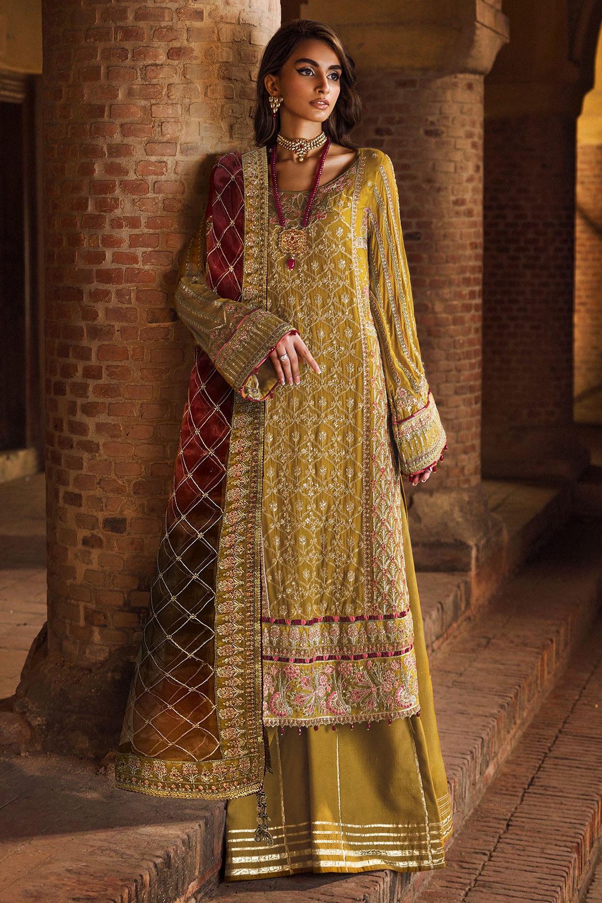 Mustard Embroidered Crinkle Chiffon 3-Piece Suit - Image 1