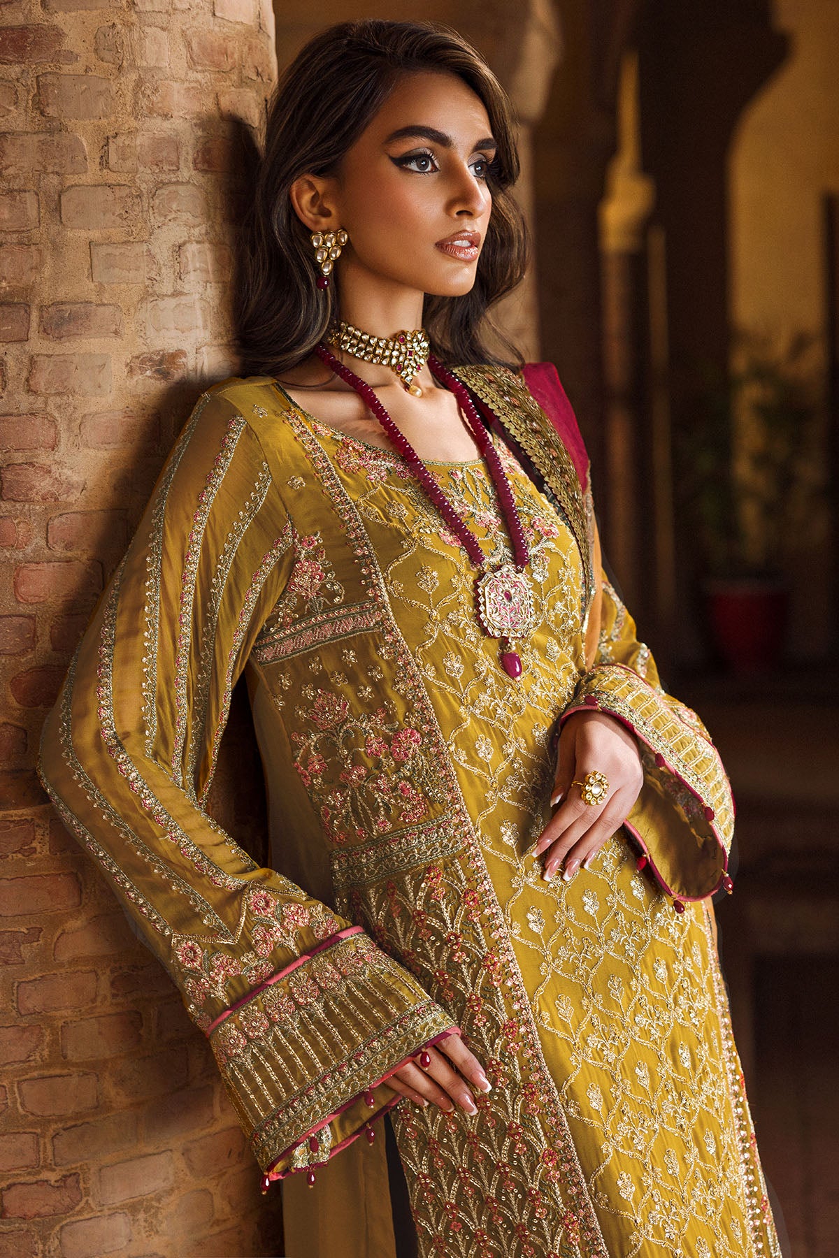 Mustard Embroidered Crinkle Chiffon 3-Piece Suit - Image 4