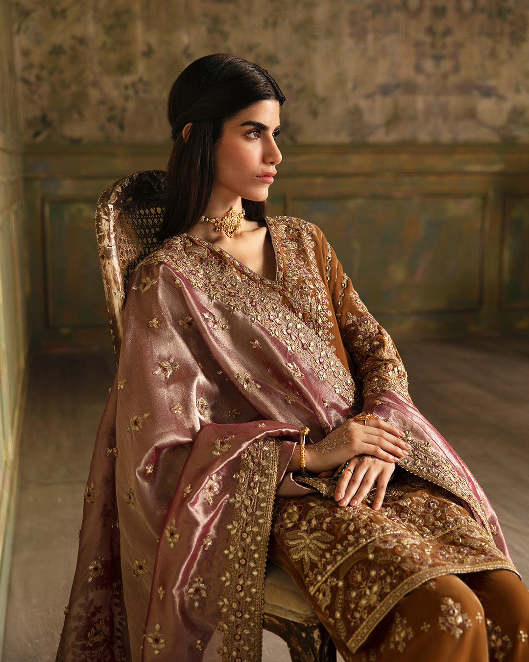 Mustard & Pink Embroidered Velvet Salwar Kameez (3-Piece) - Image 6
