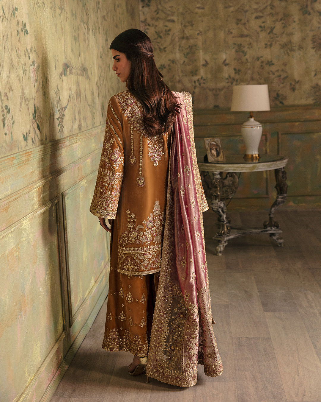 Pakistani Mustard & Pink Embroidered Velvet Salwar Kameez (3-Piece) - Image 3