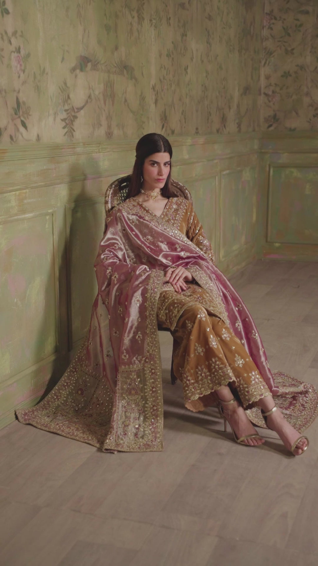 Pakistani Mustard & Pink Embroidered Velvet Salwar Kameez (3-Piece) - Image 7