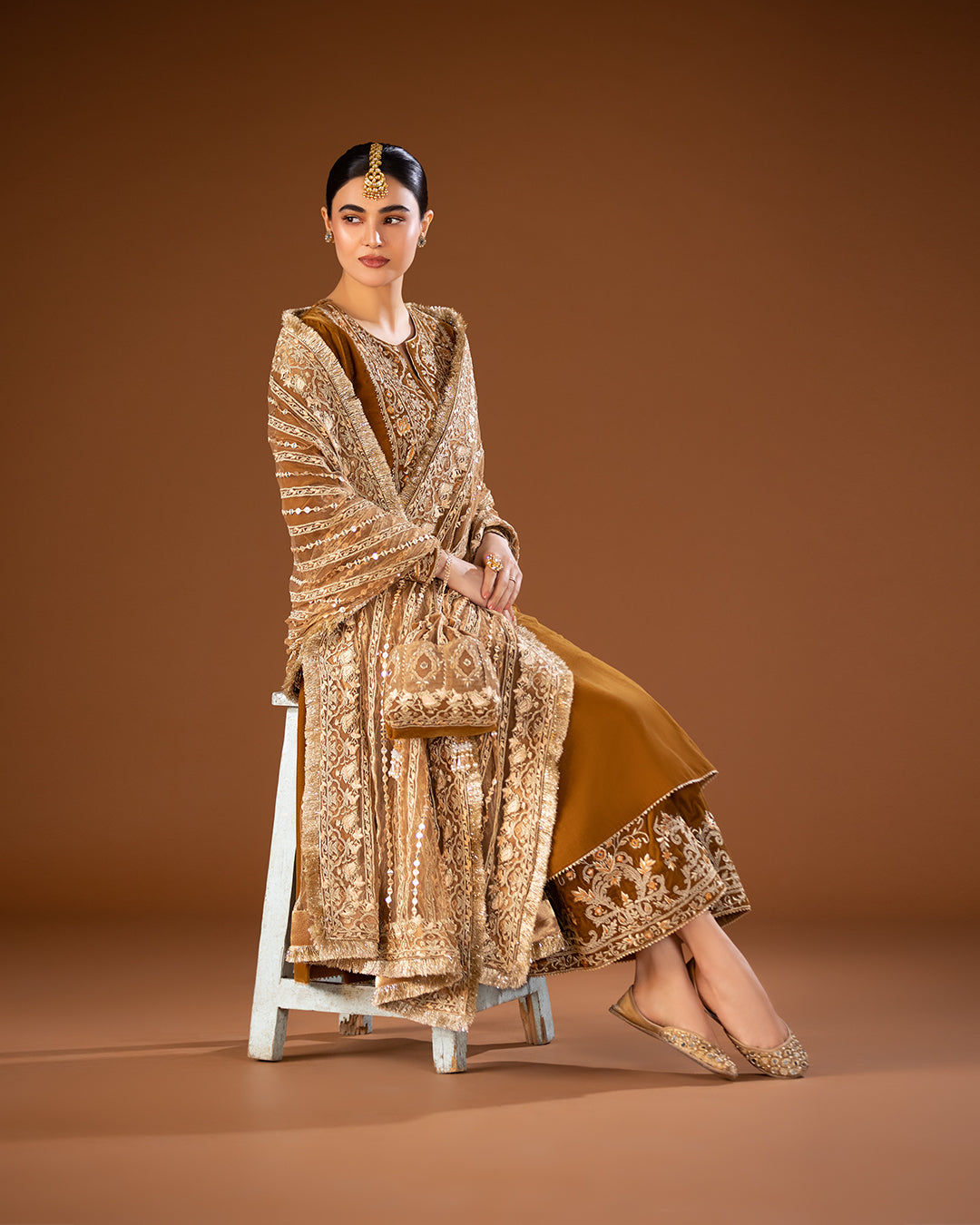 Pakistani Mustard Embroidered Velvet Salwar Kameez (3-Piece) - Image 3
