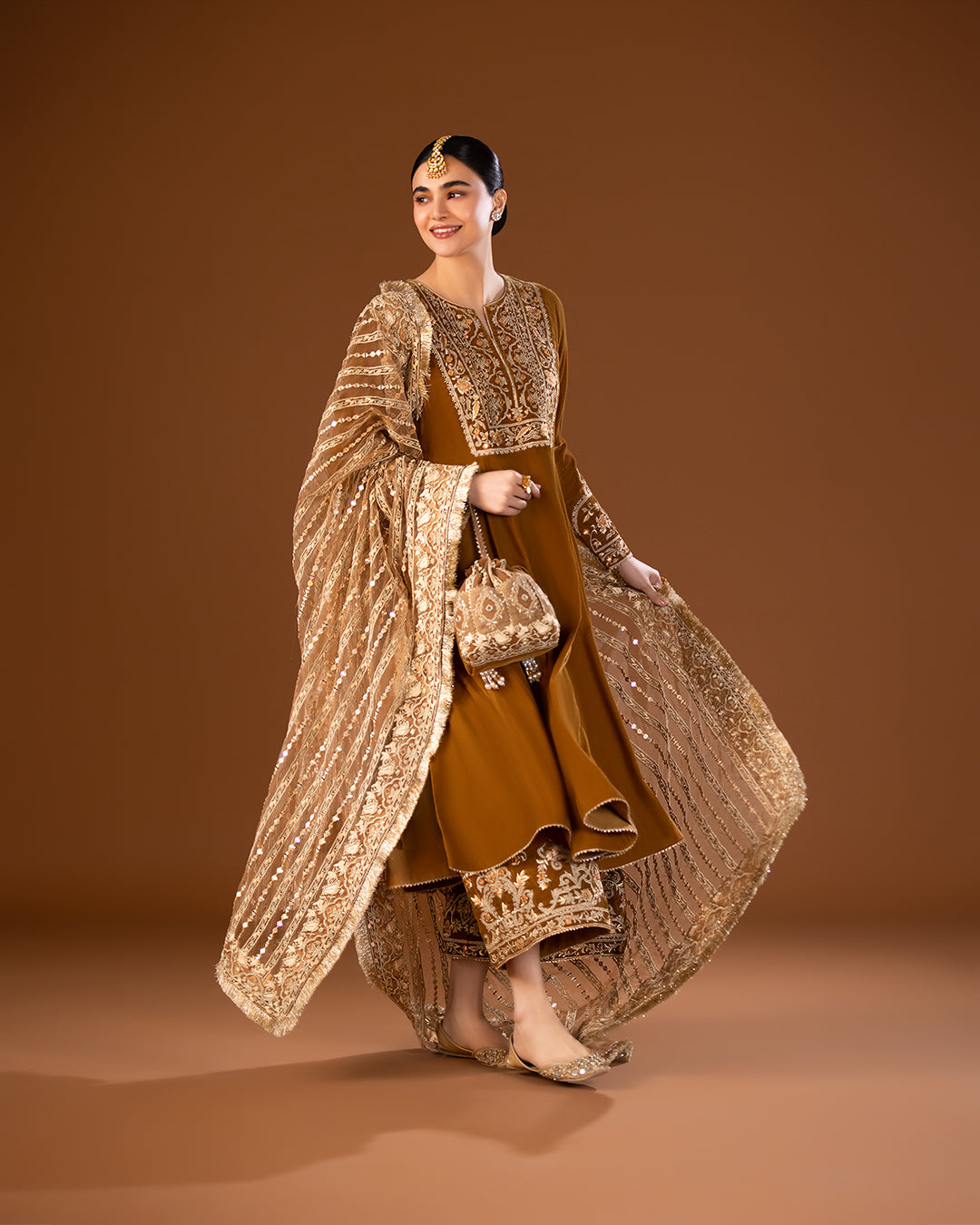 Pakistani Mustard Embroidered Velvet Salwar Kameez (3-Piece) - Image 5