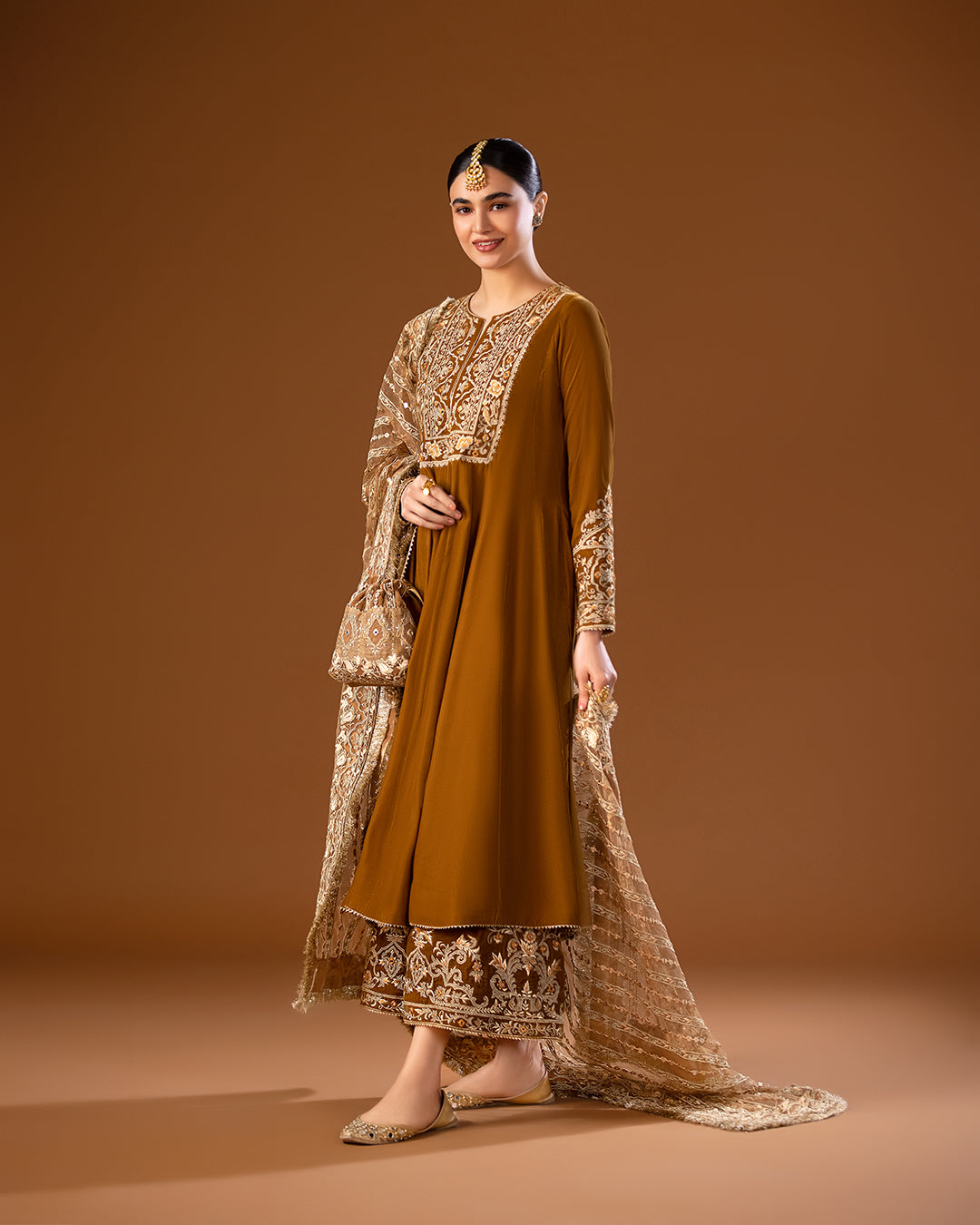 Mustard Embroidered Velvet Salwar Kameez (3-Piece) - Image 1