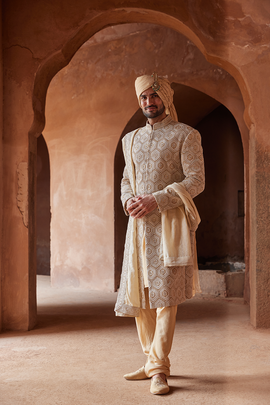 Mustard Geometric Embroidered Matka Silk Sherwani (3-Piece) - Image 1