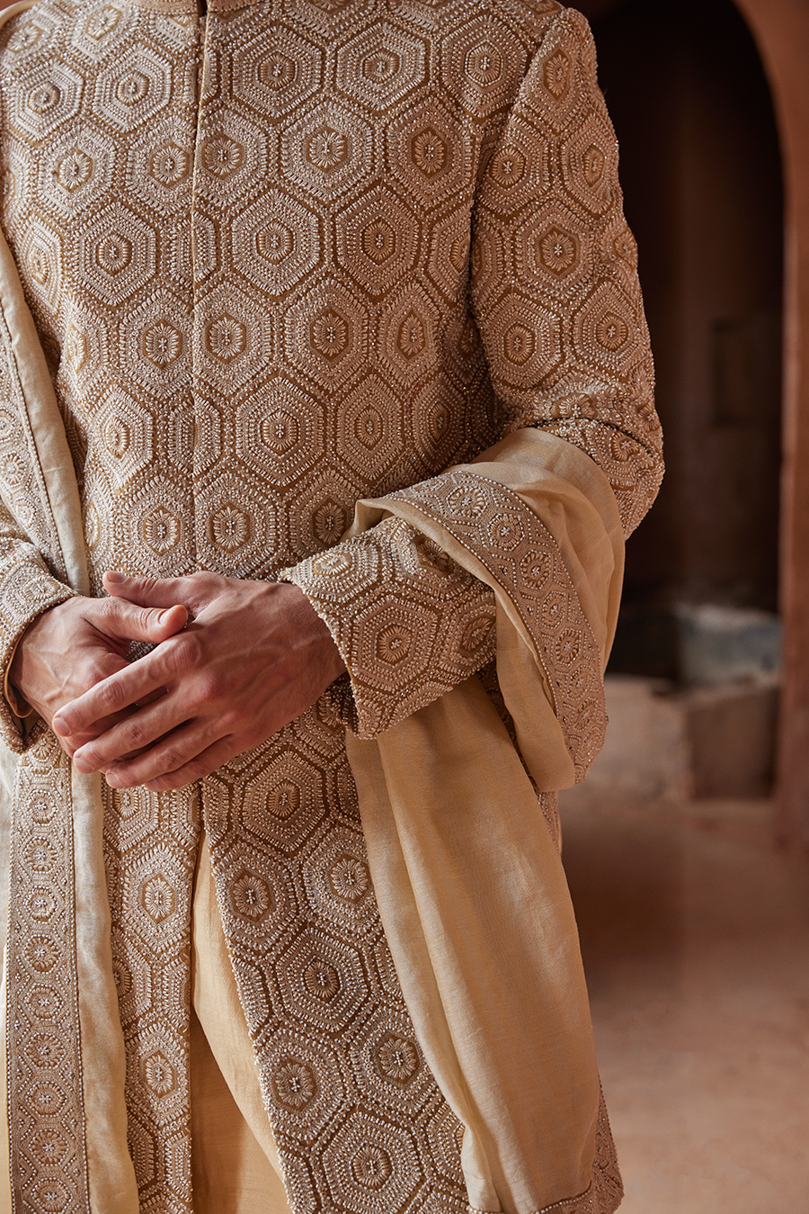 Mustard Geometric Embroidered Matka Silk Sherwani (3-Piece) - Image 4