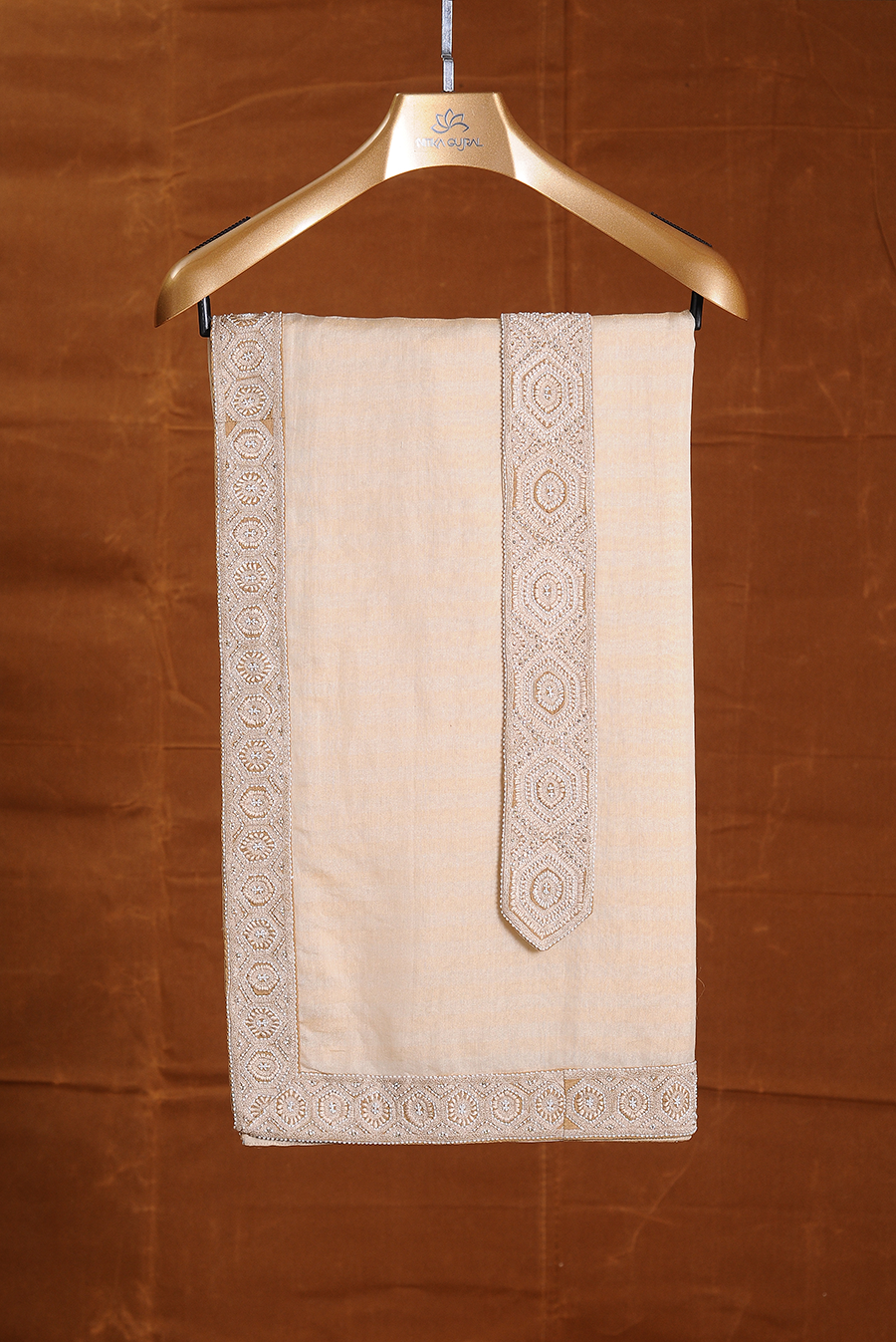 Mustard Geometric Embroidered Matka Silk Sherwani (3-Piece) - Image 6