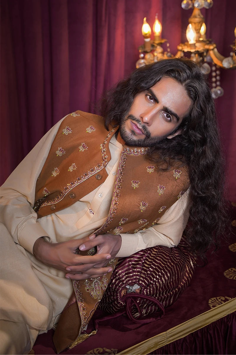 Mustard Embroidered Baar Silk Waistcoat Kurta (3-Piece) - Image 4