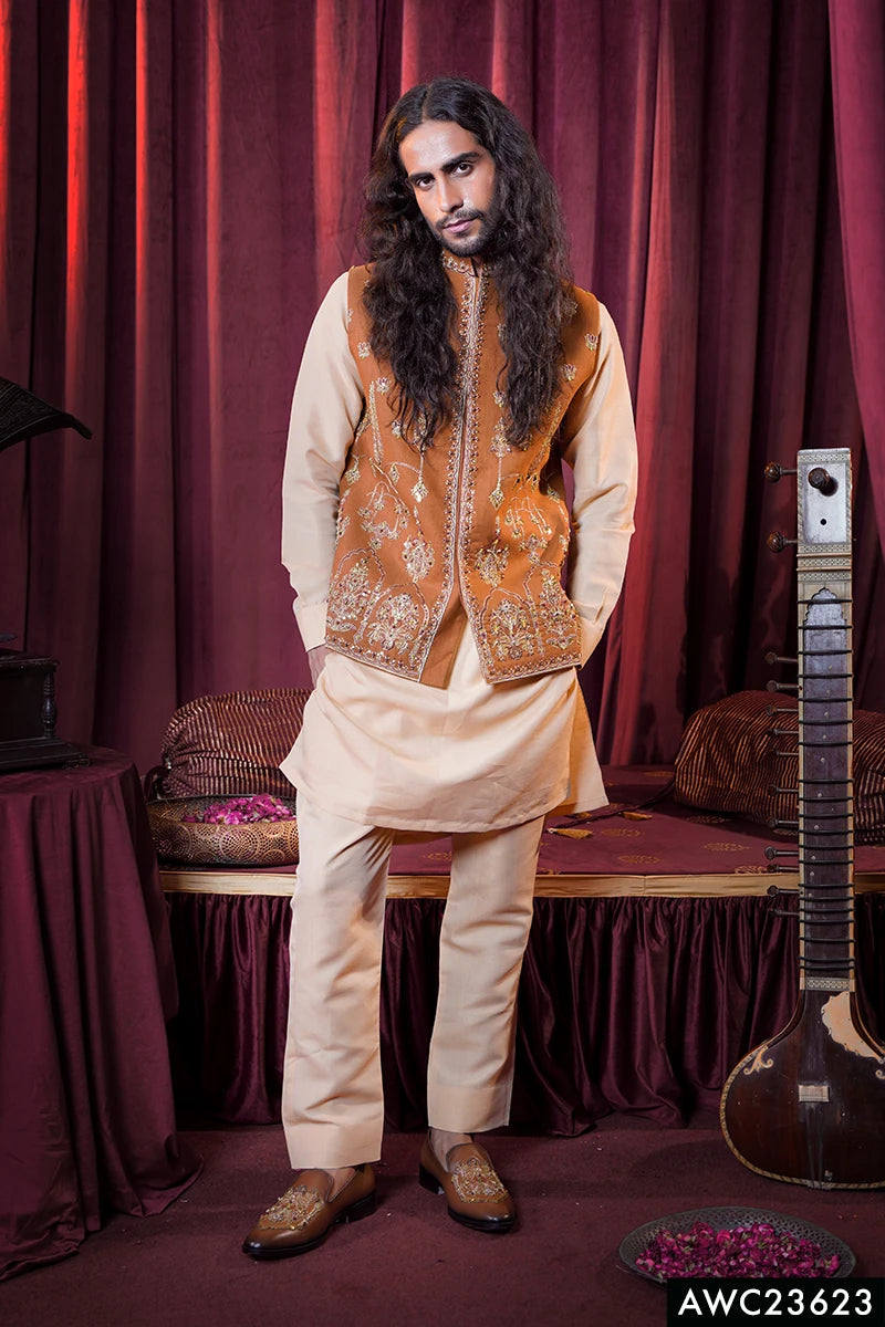 Mustard Embroidered Baar Silk Waistcoat Kurta (3-Piece) - Image 1