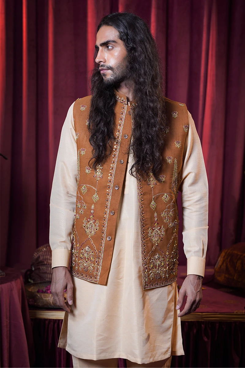 Mustard Embroidered Baar Silk Waistcoat Kurta (3-Piece) - Image 2
