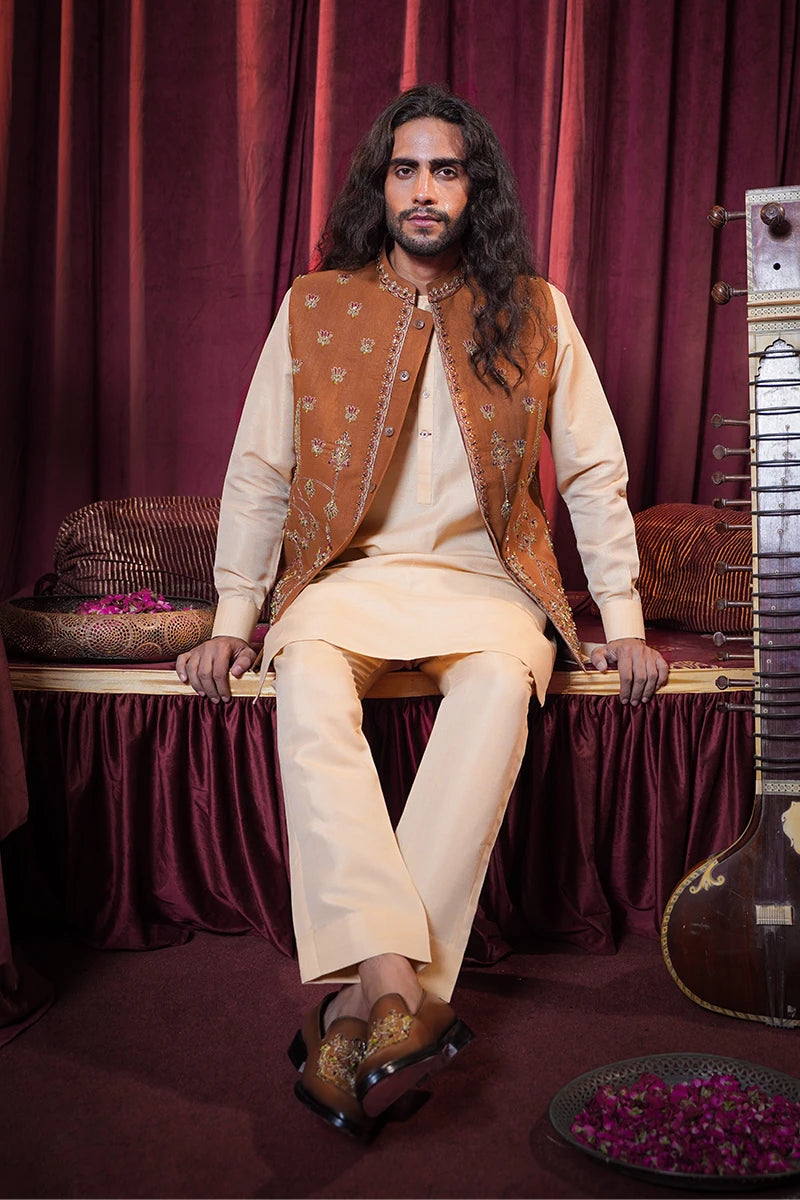 Mustard Embroidered Baar Silk Waistcoat Kurta (3-Piece) - Image 3