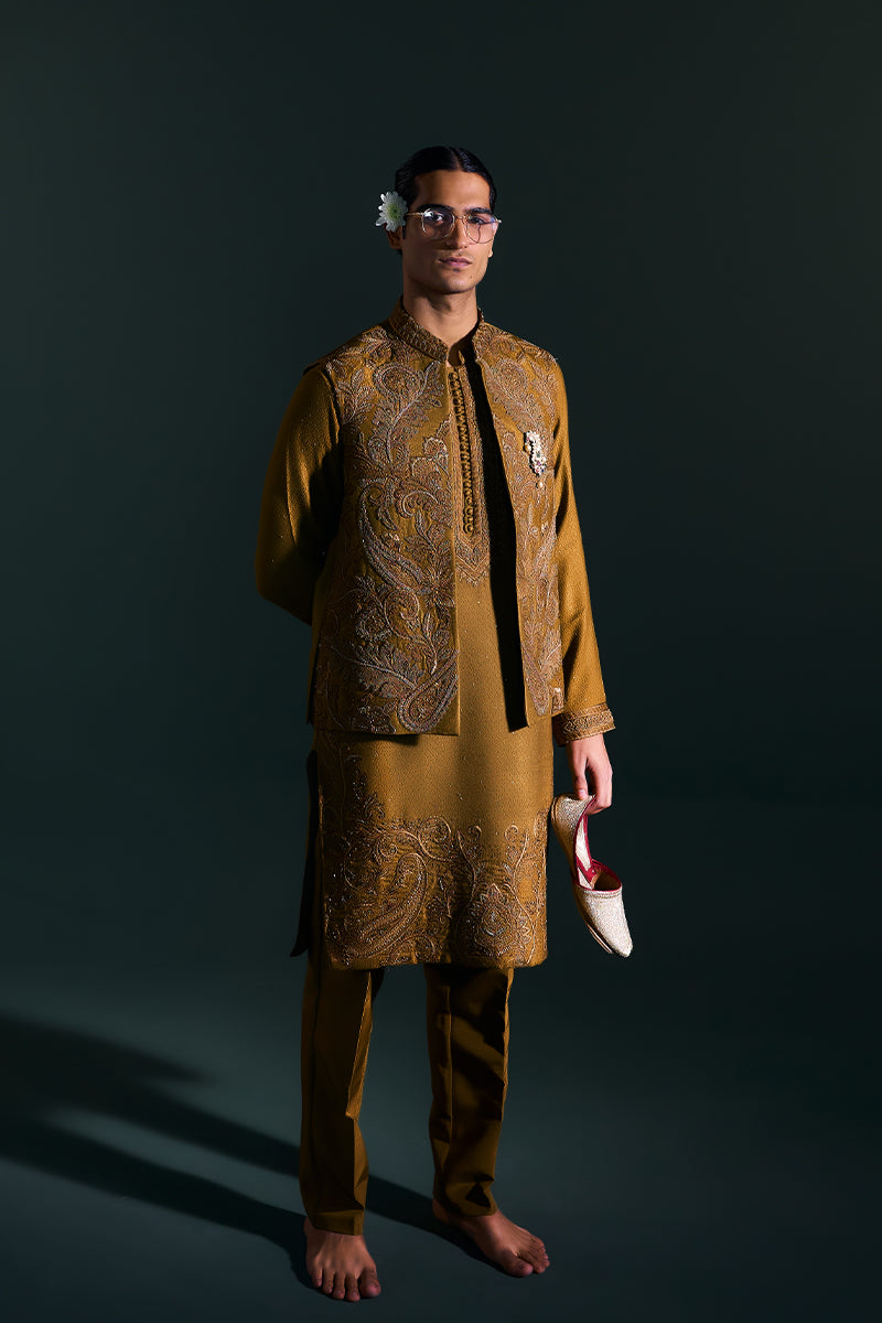 Mustard Embroidered Handloom Jacquard Waistcoat Kurta (3-Piece) - Image 1