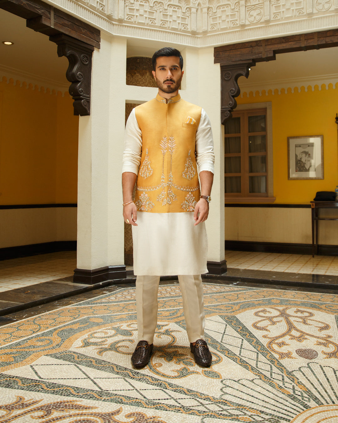 Mustard Embroidered Silk Waistcoat Kurta Set (3-Piece) - Image 1