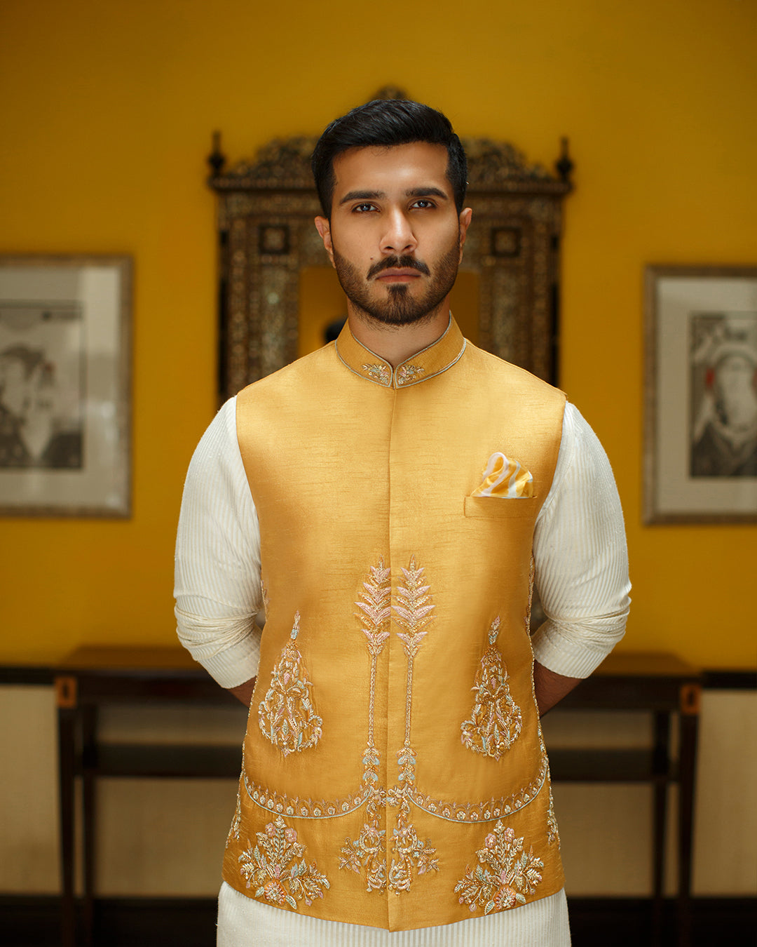 Mustard Embroidered Silk Waistcoat Kurta Set (3-Piece) - Image 2