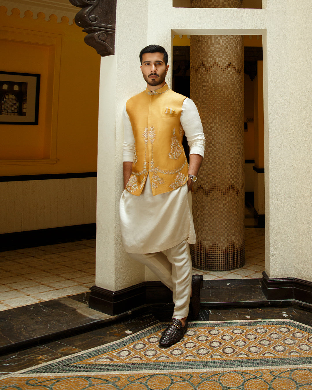 Mustard Embroidered Silk Waistcoat Kurta Set (3-Piece) - Image 3