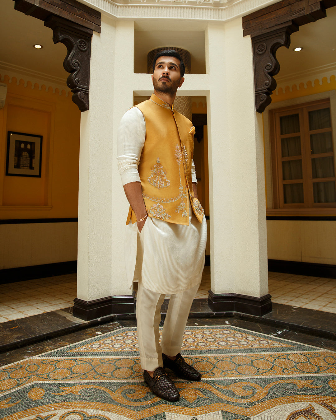Mustard Embroidered Silk Waistcoat Kurta Set (3-Piece) - Image 5