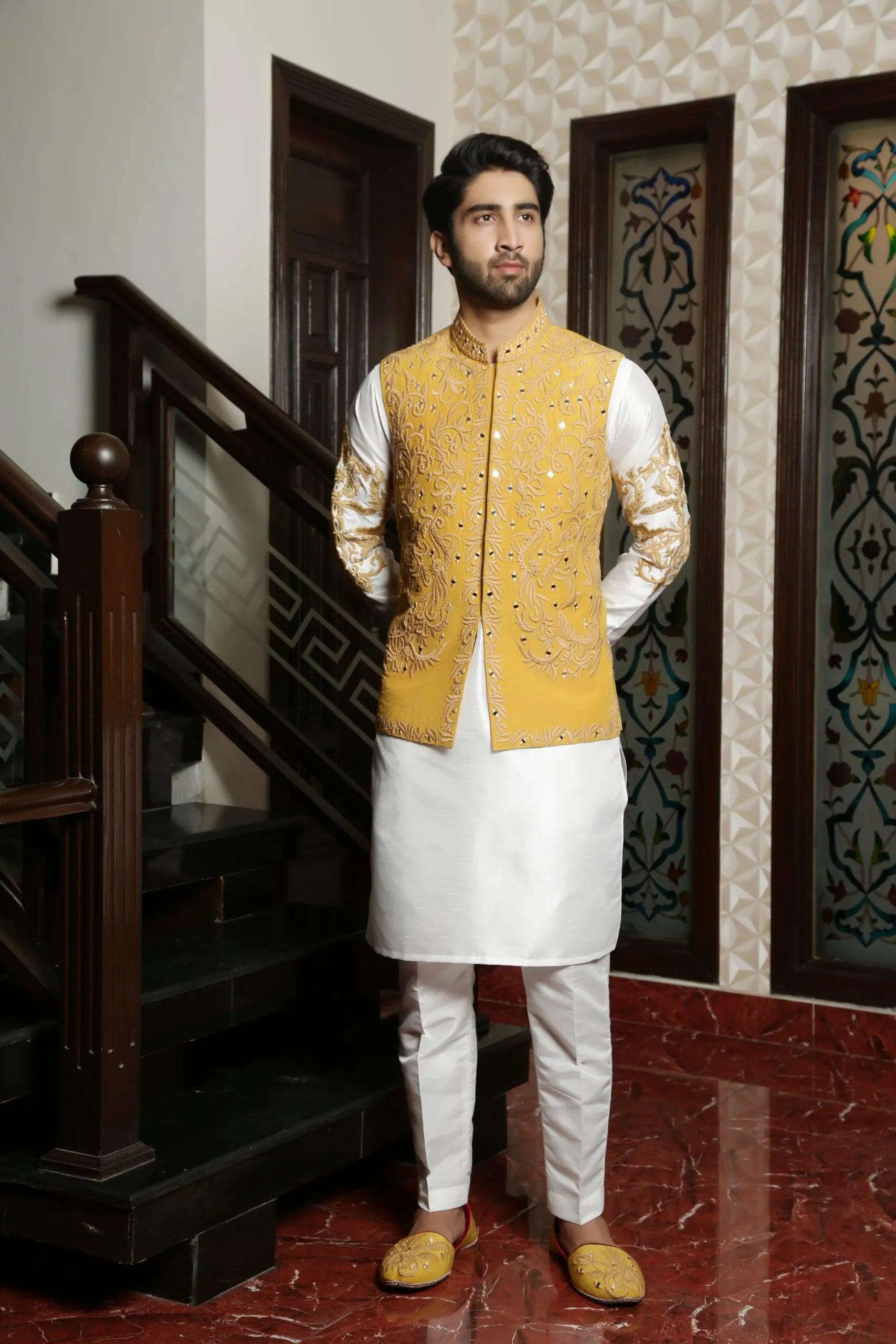 Light Mustard Embroidered Mat Silk Waistcoat (3-Piece) - Image 1