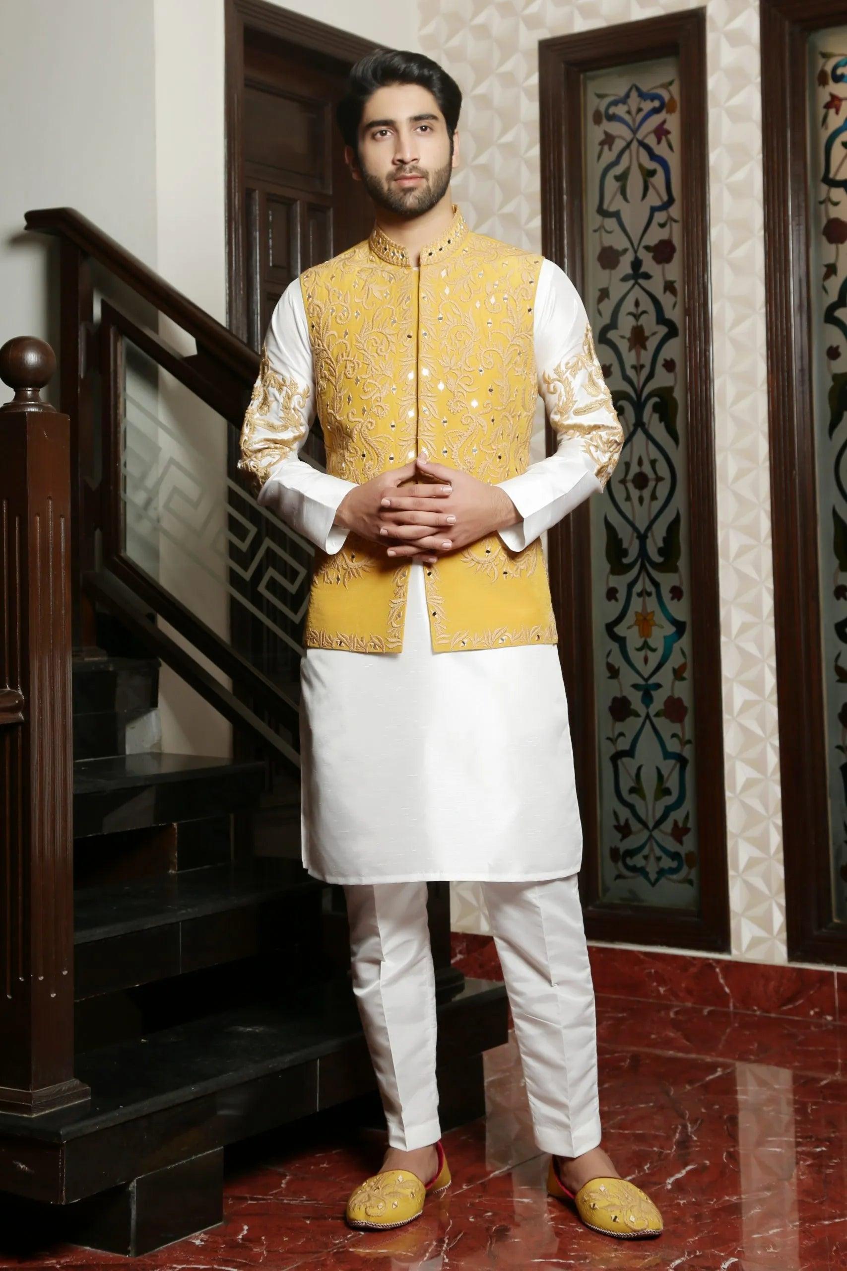 Light Mustard Embroidered Mat Silk Waistcoat (3-Piece) - Image 2