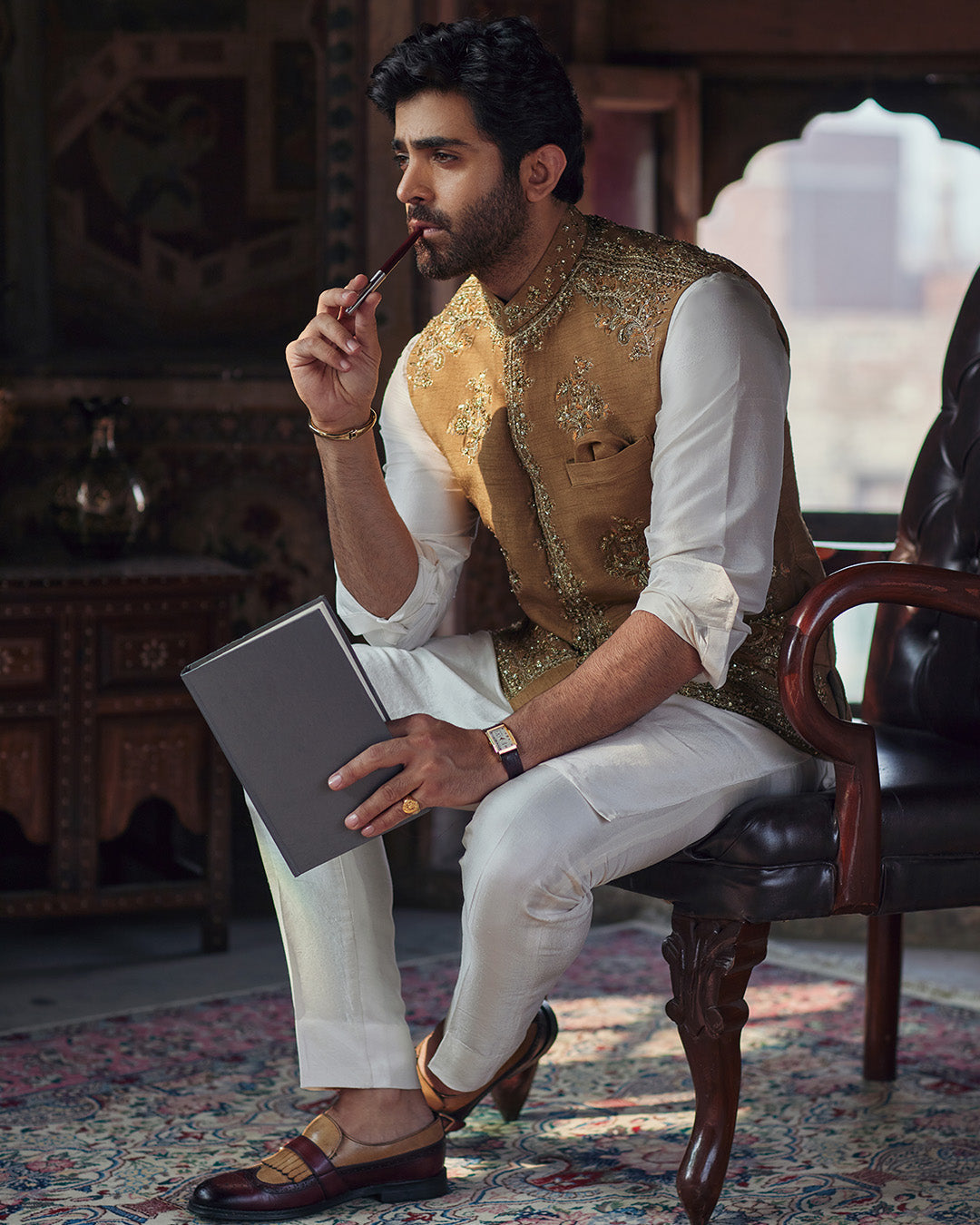 Mustard Dabka Sequin Raw Silk Waistcoat Kurta (3-Piece) - Image 2