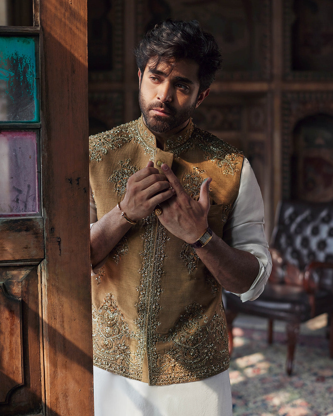 Mustard Dabka Sequin Raw Silk Waistcoat Kurta (3-Piece) - Image 3