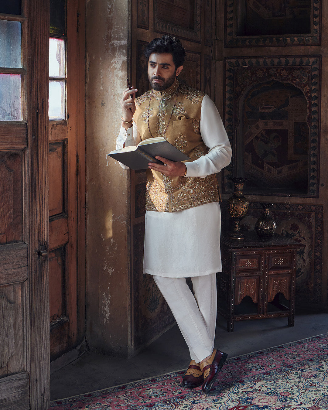 Mustard Dabka Sequin Raw Silk Waistcoat Kurta (3-Piece) - Image 4