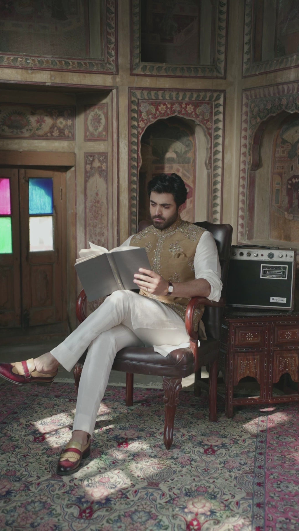 Mustard Dabka Sequin Raw Silk Waistcoat Kurta (3-Piece) - Image 7