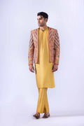 Mustard Multi-Embroidered Raw Silk Waistcoat Kurta (4-Piece) - Image 1