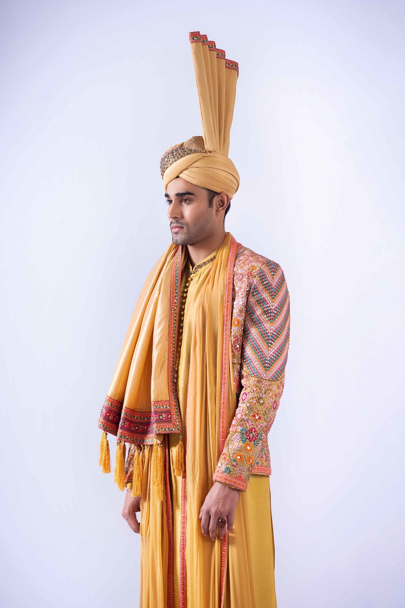 Mustard Multi-Embroidered Raw Silk Waistcoat Kurta (4-Piece) - Image 2