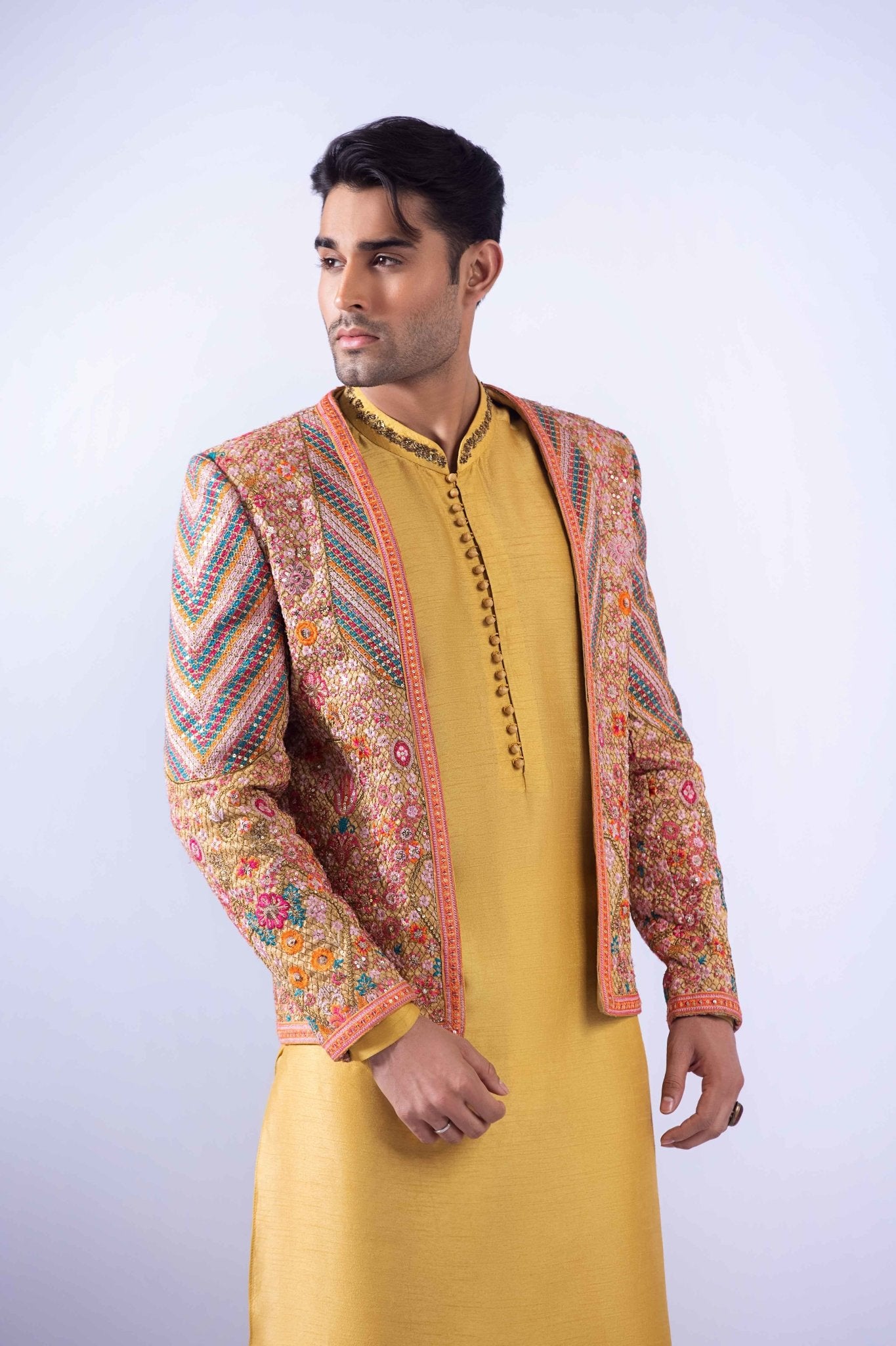 Mustard Multi-Embroidered Raw Silk Waistcoat Kurta (4-Piece) - Image 3