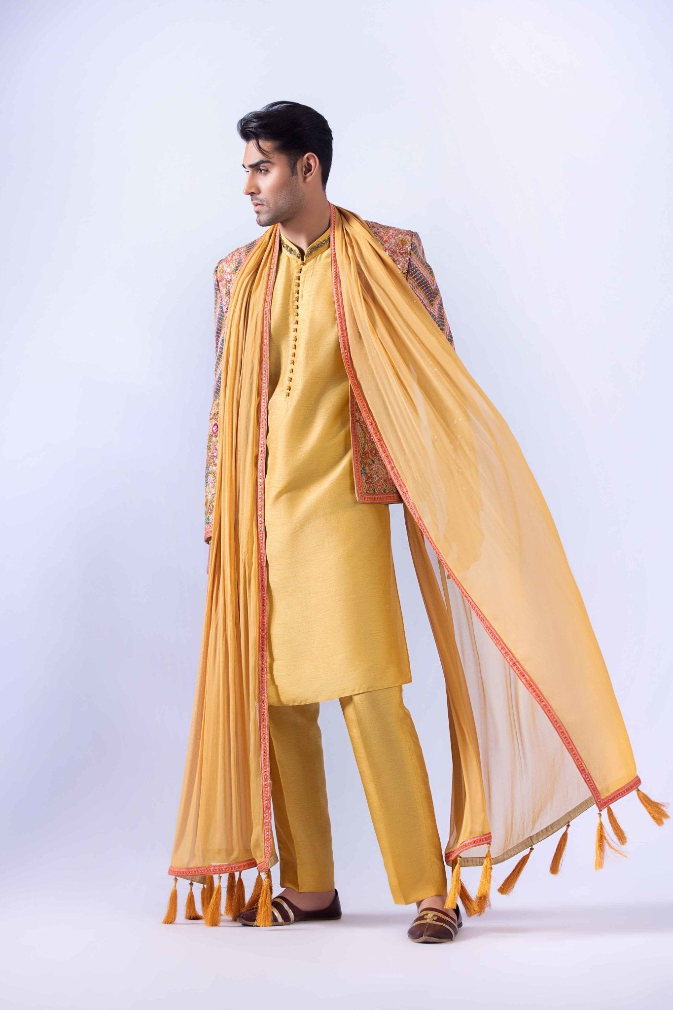 Mustard Multi-Embroidered Raw Silk Waistcoat Kurta (4-Piece) - Image 4